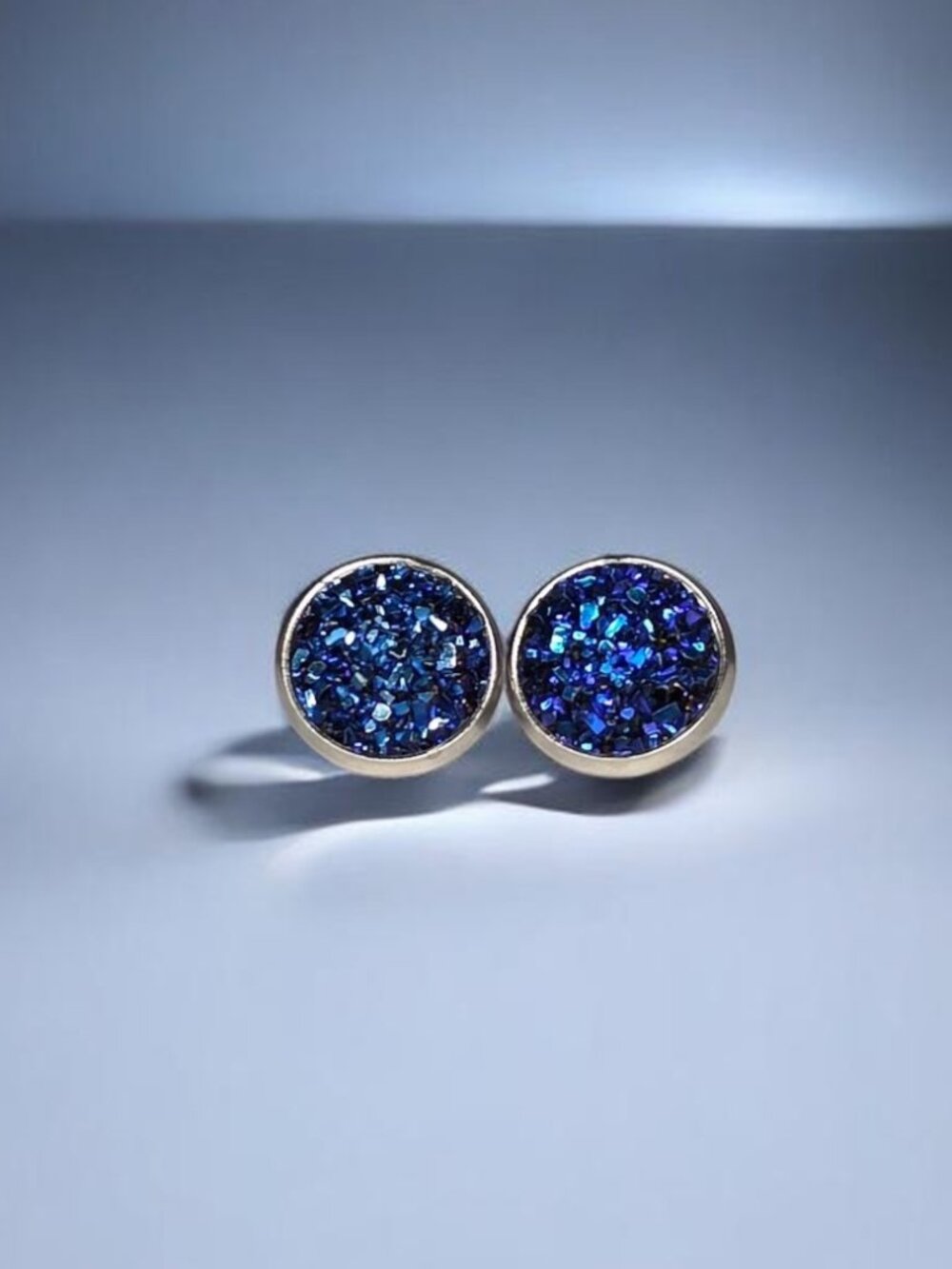 Iridescent Cobalt Blue Faux Druzy Round Stud Earrings